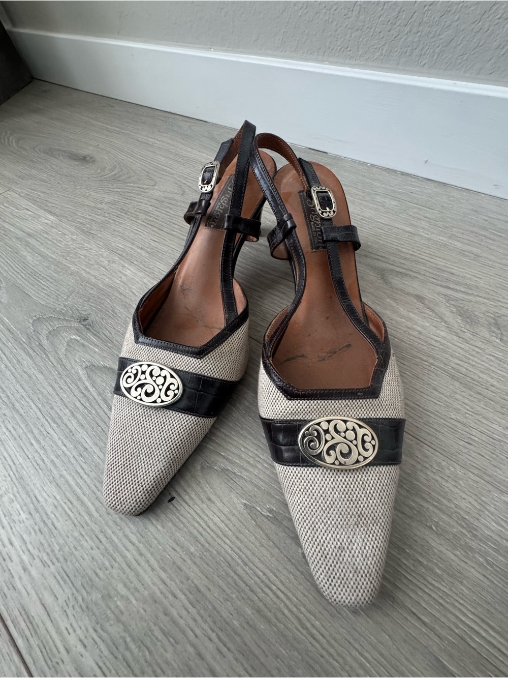 Brighton Beige and Dark Brown Slingback Mules with Decorative Medallion